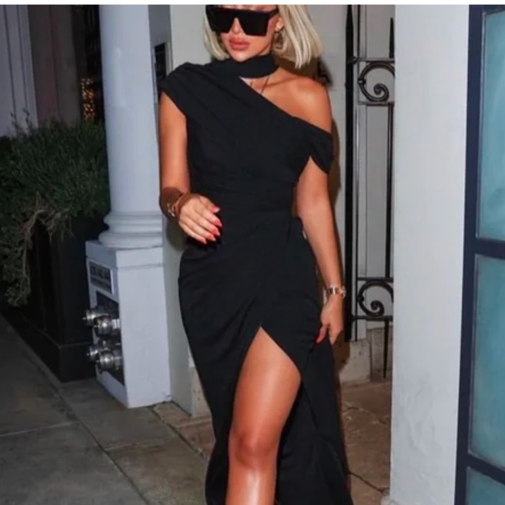 ASYMMETRICAL DRAPED GOWN IN COGNAC